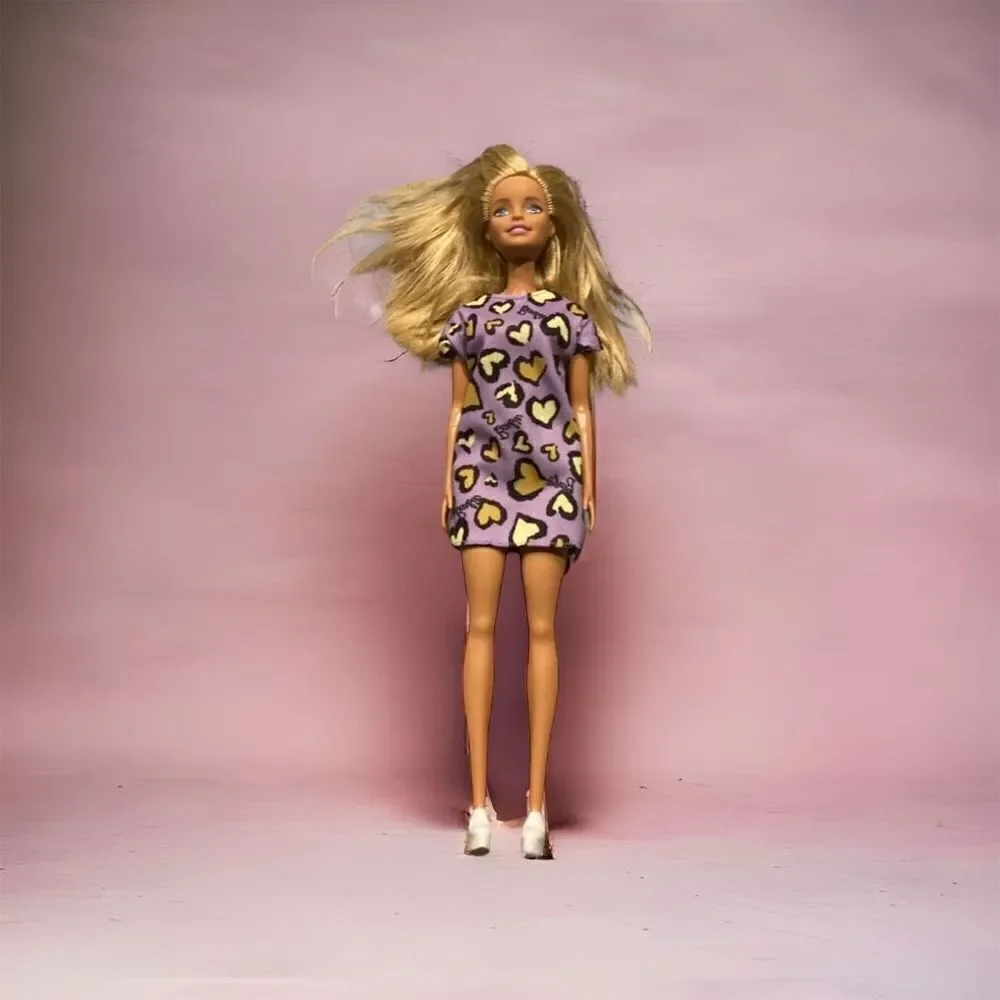 *Barbie Doll Blonde Purple & Yellow Heart-Print Dress & Platform Shoes 2015Basic